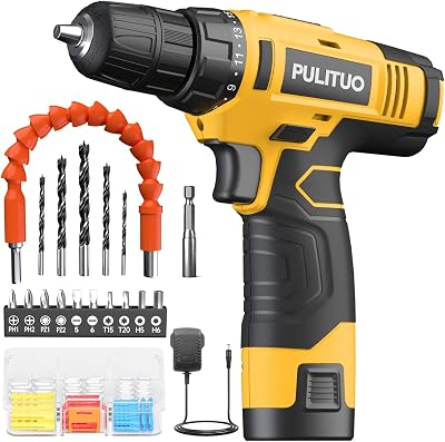 PULITUO 12V Cordless Drill Kit 21+1 Torque 3/8 In Keyless Chuck LED Light