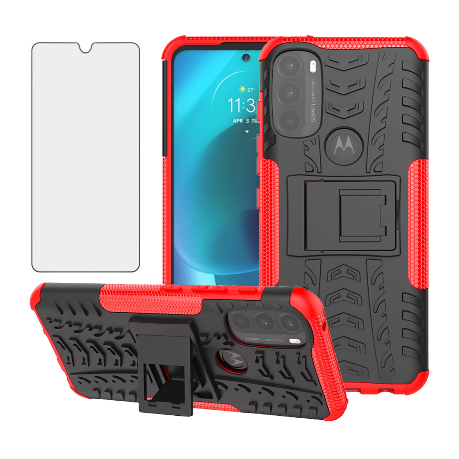 Asuwish Compatible with Motorola Moto G71 5G Phone Case and Tempered Glass Screen Protector with Stand Kickstand Hard Rugged Hybrid Protective Cell Accessories MotoG71 5G Women Men Girly Red
