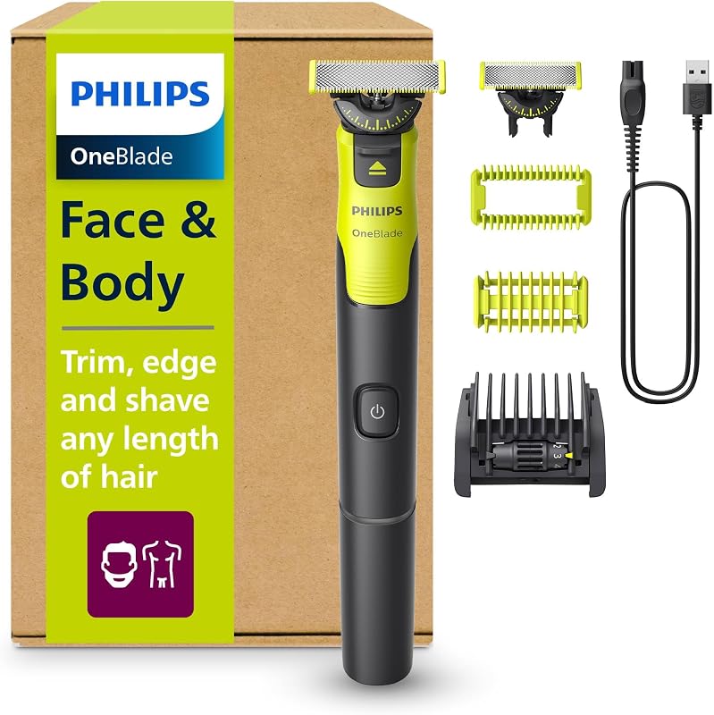 OneBlade 360 Face & Body mit App-Anbindung - elektrischer Rasierer, Trimmer & Bodygroomer, 2x 360 Klingen, verstellbarer Trimmaufsatz, 2x Körperaufsätze, für Gesicht & Körper (QP4631/30)