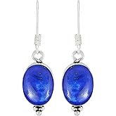 Natural Gemstone Dangle Earrings for Women - 925 Sterling Silver Plated Oval Shape Handmade Earrings - Lightweight Birthstone Fashion Jewelry - Perfect for Wedding & Special Occasions