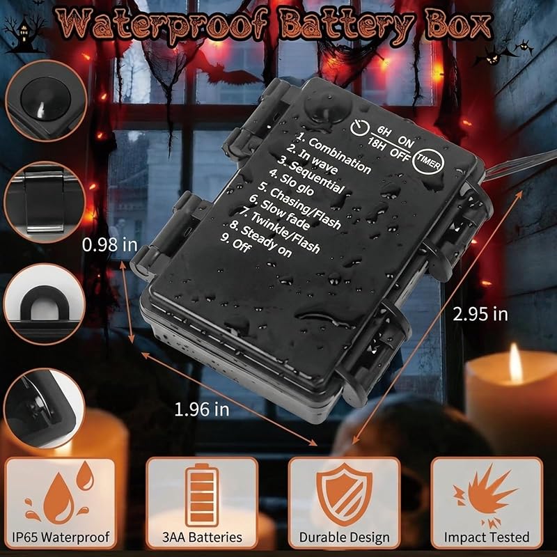 Guirlande lumineuse décorative d'Halloween orange avec gaze noire, 3 m, 30 LED, 8 modes et minuterie, étanche IP65, éclairage d'Halloween intérieur et extérieur pour fenêtre, cheminée, jardin