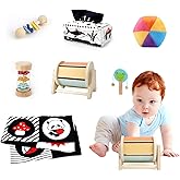 Dulsaera Montessori Toys 7 in 1 Learning Educational Set Newborn Toys, Rainbow Ball, Baby Black and White Books, Tissue Box Toy, Spinning Drum, Rattle Toy