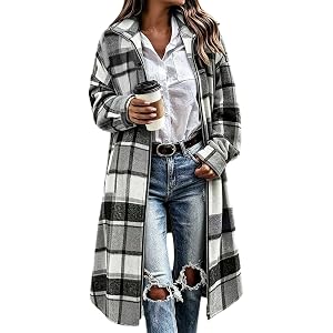 BFAFEN Long Flannel Shirt Women Plaid Shacket Oversized Dual Zip Up Casual Lapel Long Sleeve Trench Coat Warm Winter Jackets