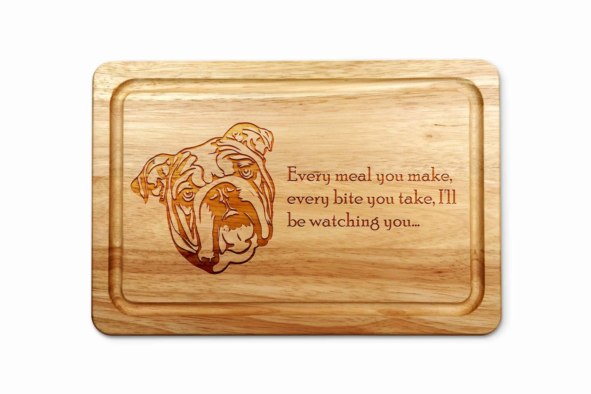 Hardwood Chopping Board with English Bulldog Dog Design - 30x20 cm Kitchen Cutting Board with Juice Groove - Gift Idea for Him or Her, Christmas & Birthdays - Made in The UK