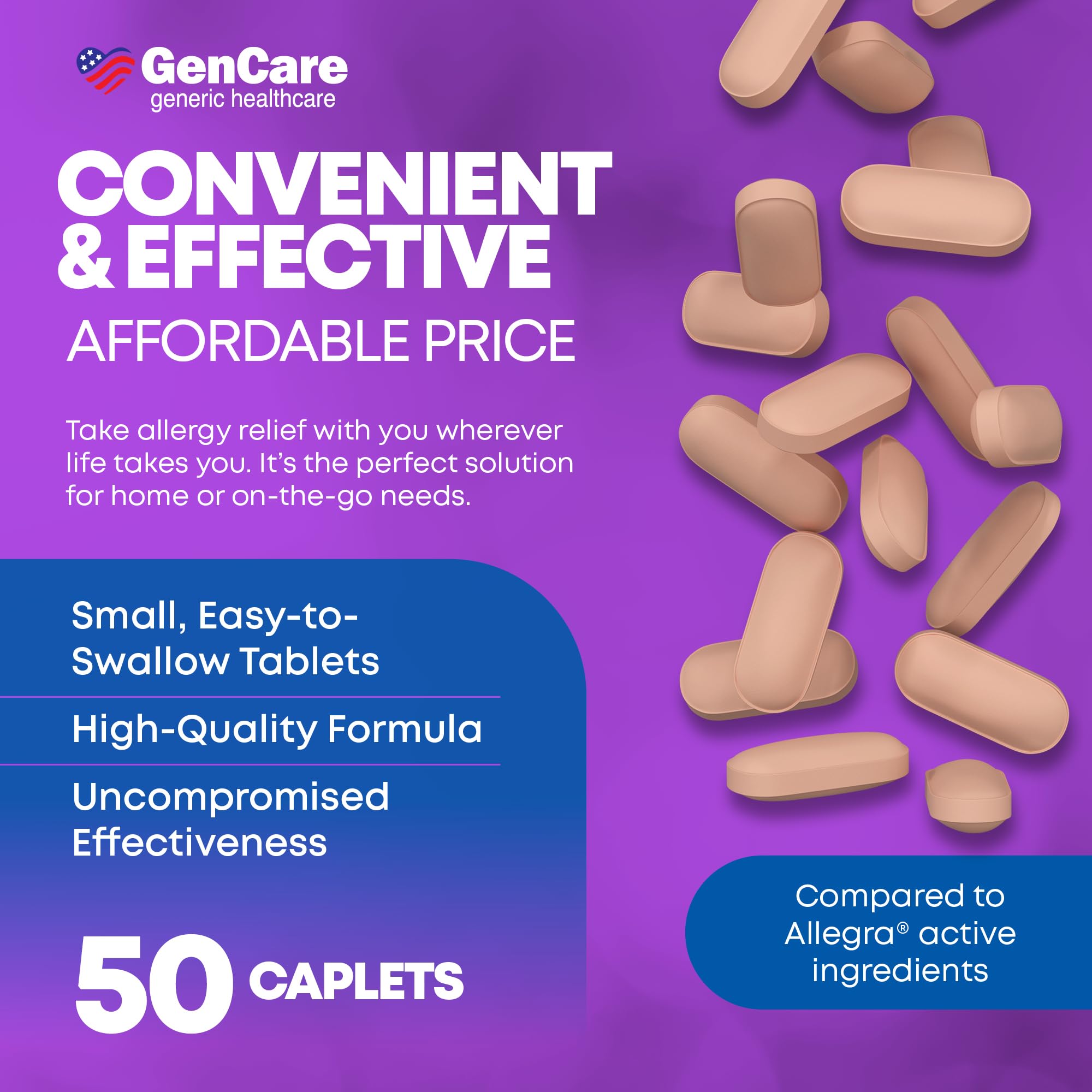 GenCare - Allergy Relief Pills | Fexofenadine HCl 180mg 50 Tablets | Non Drowsy Antihistamine Allergy Pills for Hay Fever, Seasonal Allergies, Outdoor & Indoor Allergies | Relieves Itchy Eyes & Nose