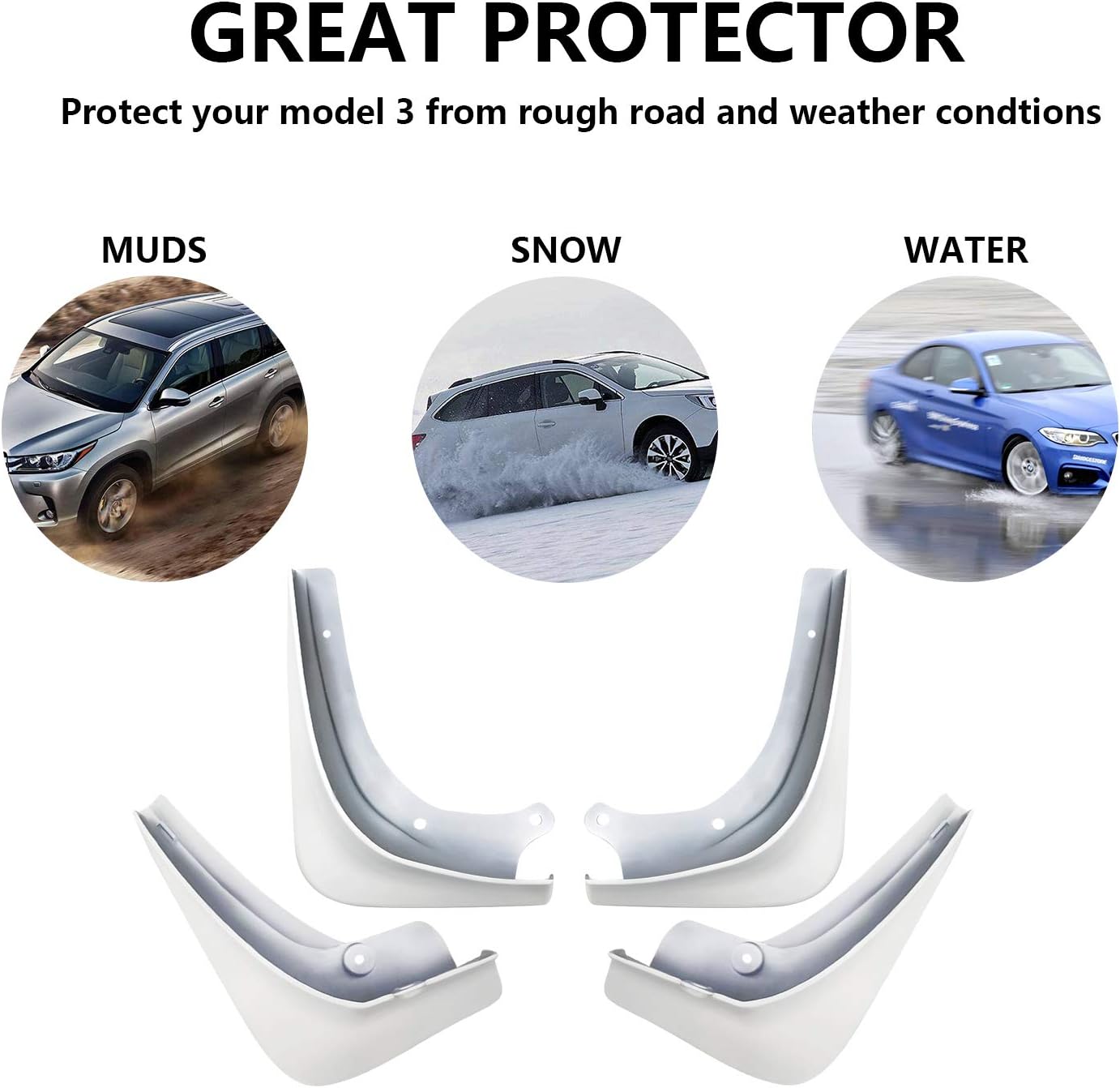 Set of Four YEE PIN Model 3 Mud Flaps Splash Guards for Tesla Model 3