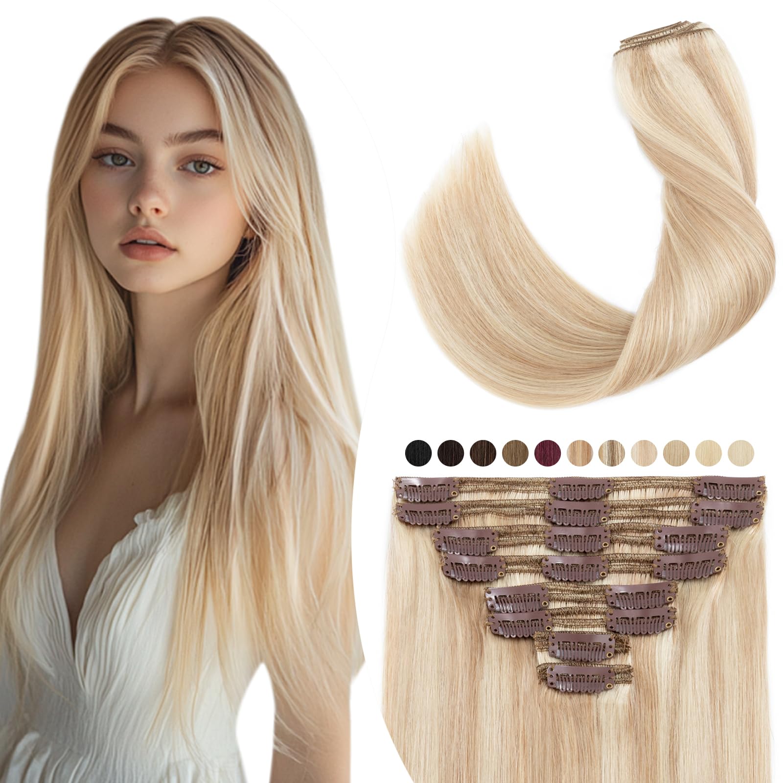 Elailite Double Weft Hair Extensions Clip in Human Remy Hair - 8 Pieces Straight Full Head (10"-110g, #18/613 Ash Blonde Mix Bleach Blonde) — image 1