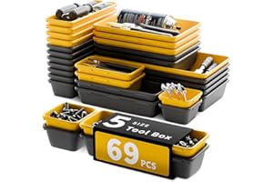 FLYVOLE [5 Sizes] [69 PCS] Tool Drawer Organizer, Tool Box Tray, Desk Drawer Tray, Rolling Tool Chest, Toolbox Organzier (Black+Yellow)