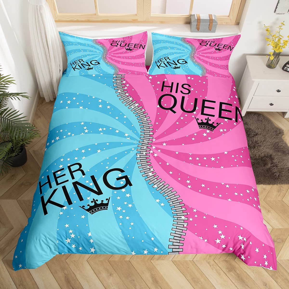 Homewish His And Her Duvet Cover Set King And Queen Bedding Set For Couple Blue Pink Spiral Swirl Stars Stripes Comforter Cover Set Romantic Valentines Presents Double Size