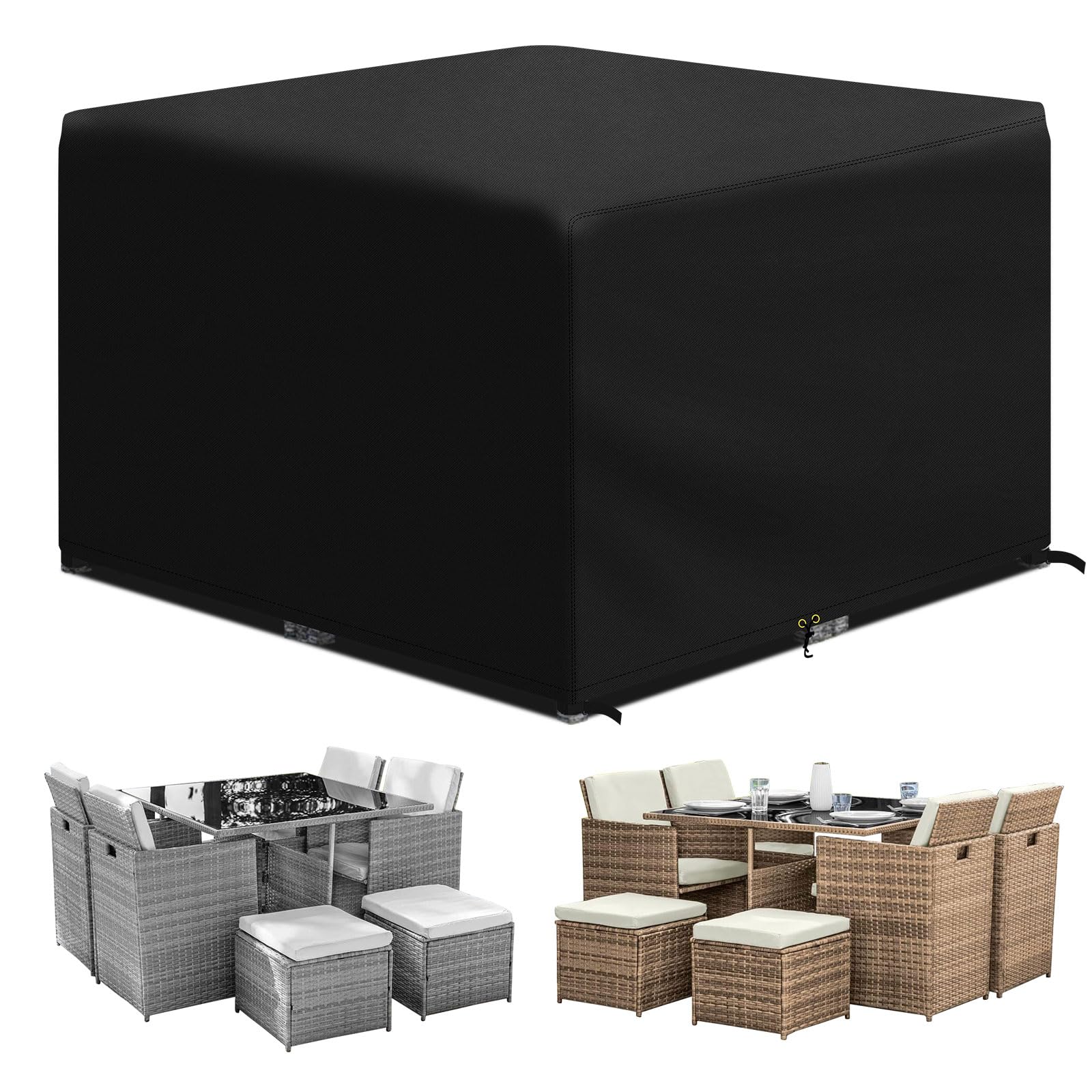PATIO PLUS Cube Garden Furniture Covers With PU Coating，Garden Square Table Cover Waterproof，Windproof, Anti-UV, 600D Oxford Fabric Outdoor Patio Table Covers for Chair and Table 135x135x71cm Black