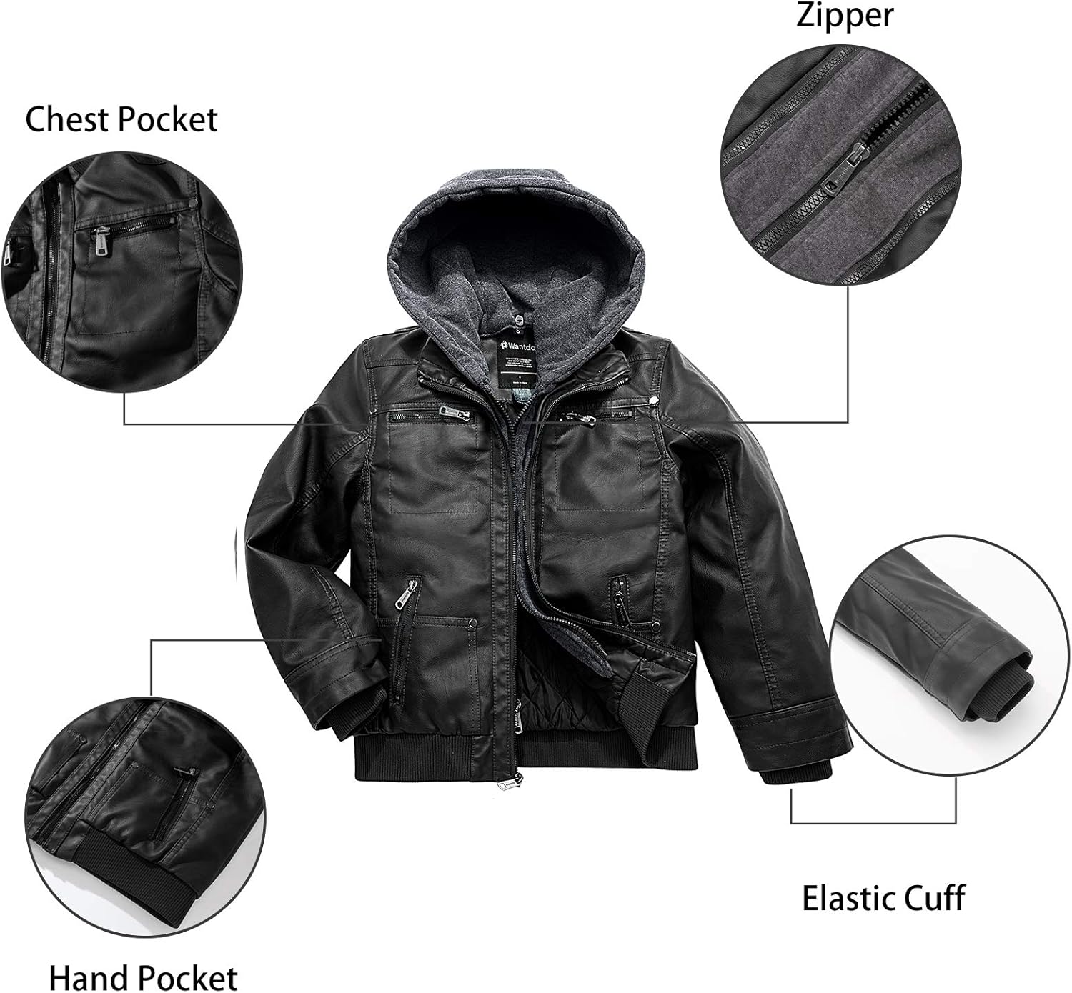 Wantdo Boy's Faux Leather Jacket Waterproof Zipper Coat with Removable Hood: Clothing