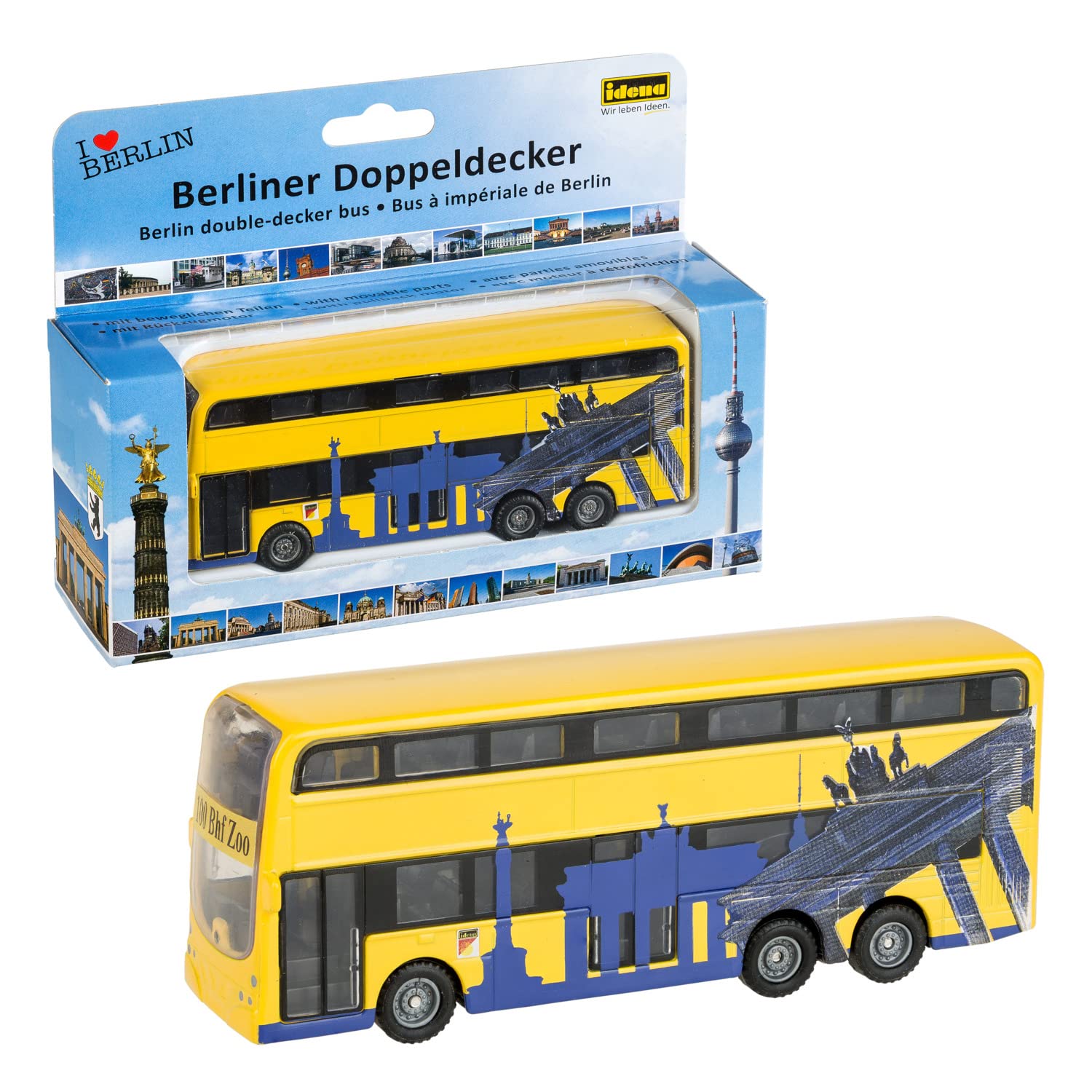 Idena 40107 Model Bus Berlin Double Decker with Pull-Out Motor Approx. 18.5 x 13.5 x 4.5 cm Yellow as a Toy Typical Souvenir or Popular Collector's Item