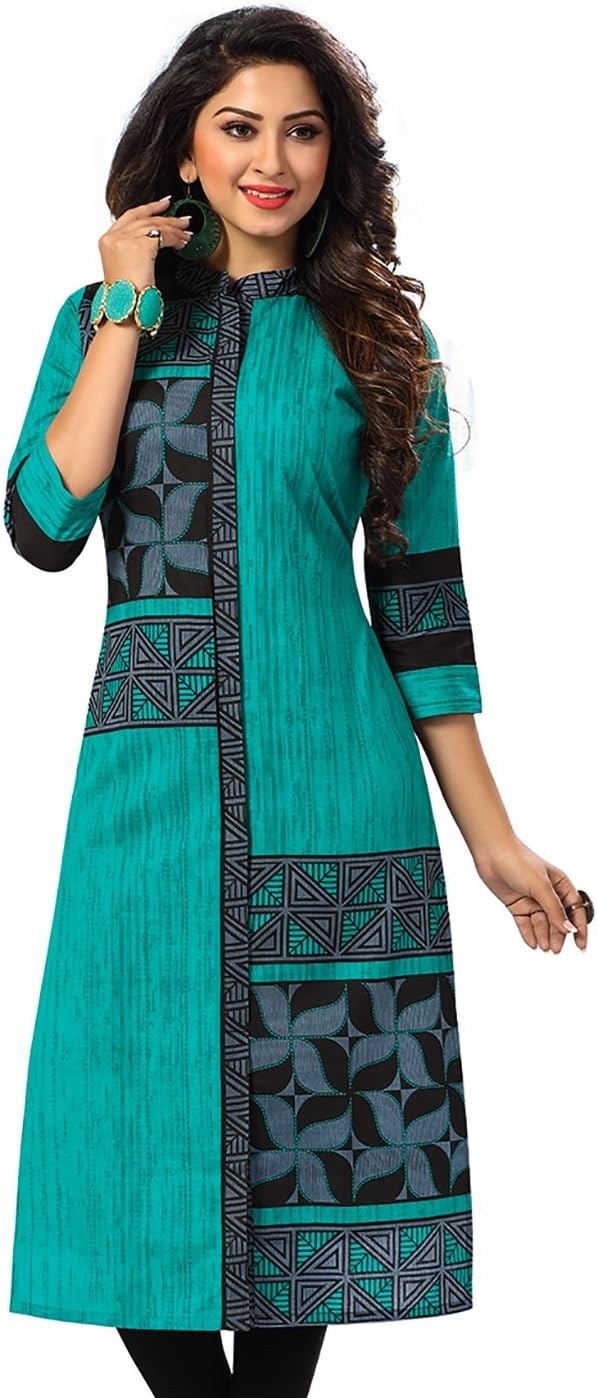 Jevi Prints Women's Cyan & Black Geometric Readymade Cotton Kurta/Kurti (K-1512)