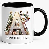 Personalized Christmas Initial Mug – Custom Letter A–Z Monogram, Add Name/Date | 11 ounces Ceramic, Dishwasher & Microwave Safe, Bulk/Wholesale (Black)