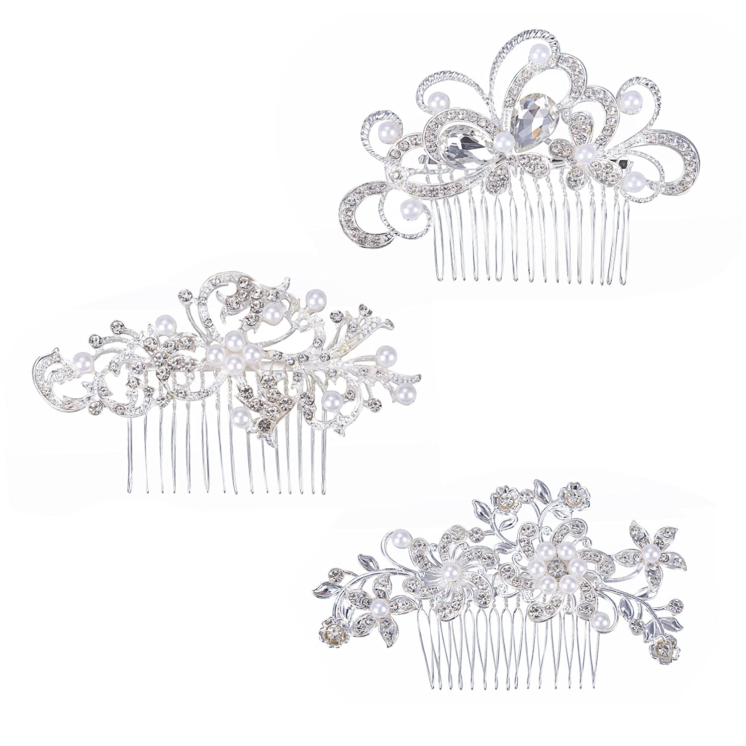 Euvoym 3 Pieces Bridal Wedding Hair Clip Comb Bridal Flower Side Hair Clips Pearl Bridal Headpiece Wedding Accessories for Women and Girls