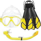 Seovediary Kids Snorkel Set, Mask Fins Snorkeling Gear for Kids Anti-Fog Swim Goggles 180 Panoramic View Dry Top Snorkel and Dive Flippers Combo with Travel Bag for Snorkeling Training Swimming Diving