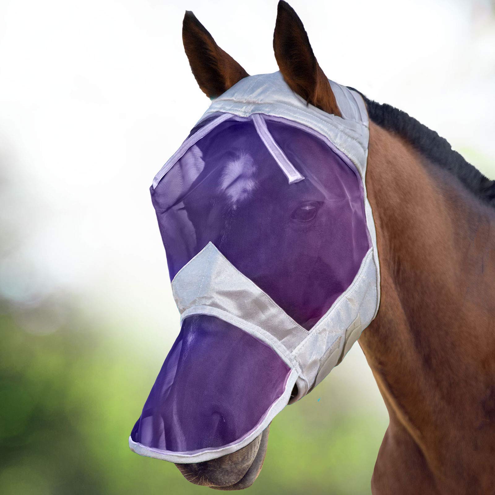 Harrison Howard CareMaster Thick Fleece Padding Translucent Fine Mesh Horse Fly Mask Full Face No Ears Silver/Purple Retro Medium Cob