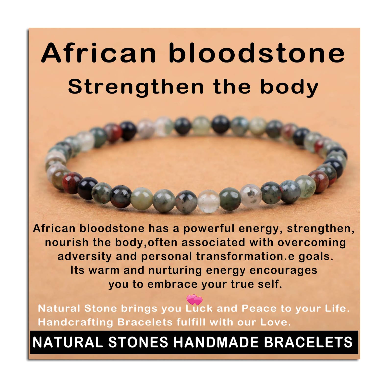 Photo 1 of AD Beads Handmade Gemstone Stretch Elastic Bracelet Crystal Healing Reiki Nature's Beauty and Spiritual Essence Unisex (4mm, African Bloodstone (Strengthen the body))