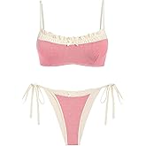 ZAFUL Bikini Sets for Women Plaid Ruffles Trim Swimsuit Sexy Tie Back Bowknot Triangle High Cut Tie Side Thong Bathing Suit
