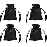 MECCANIXITY Satin Bags with Drawstring, 3x4 Inch Wedding Favor Bag Mini Gift Packaging Bag for Birthday Christmas Jewelry Party (Black, Pack of 4)