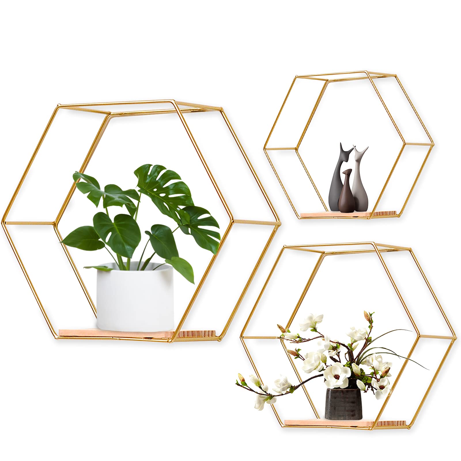 Photo 1 of Modern Metal Wall Shelf Set of 3, Hexagonal Floating Shelves in Different Sizes, Simple Wood Partition Storage Shelves for Bedroom, Living Room, Kitchen and Office