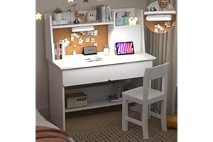 NKUGCFC White Wooden Kids Study Desk and Chair Set, Childrens Desk with Light and Charging Station, 2 Drawers,Storage Cabinets and Shelves, Boys & Girls Study Desk for Bedroom and Kidsroom
