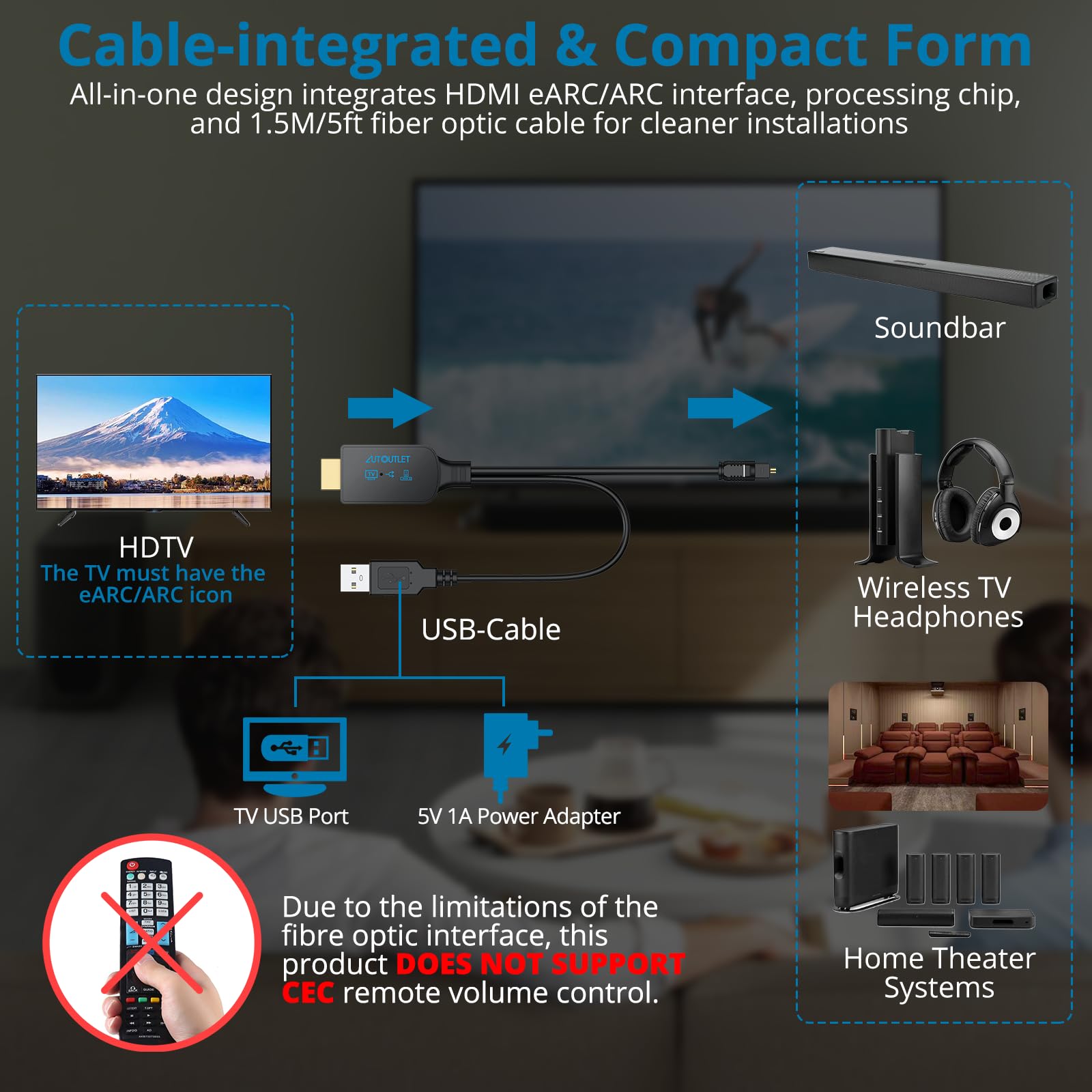 AUTOUTLET HDMI eARC/ARC Audio Extraktor, 192kHz eARC ARC zu Optisch Konverter, All-in-One 150cm Audio Extractor Adapterkabel unterstützt Dolby DTS 5.1 PCM 2.0 für TV zu Soundbar Lautsprecher Heimkino 3