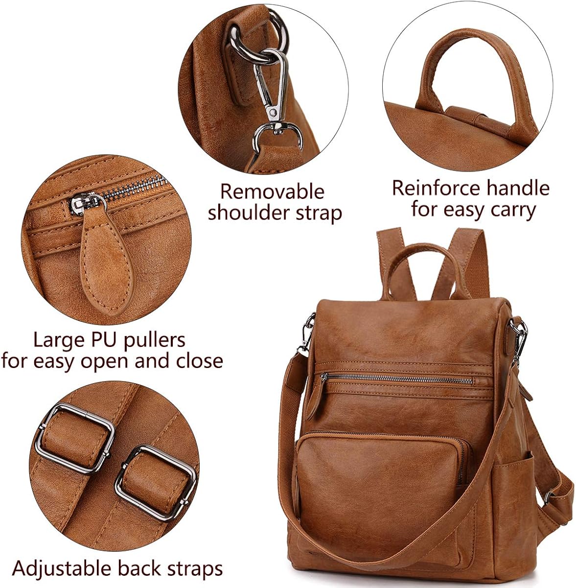 RAVUO Anti-theft Backpack,Fashion PU Leather Backpack for Women Ladies Rucksack Shoulder School Bag, M, Brown - Image 4