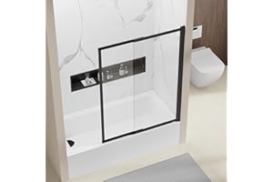 HAUUXUEN Bathtub Shower Door,44" W x 57" H Tub Sliding Doors, 5mm Clear SGCC Tempered Glass with Dual Nano Coating, Easy to Clean, Matte Black Finish