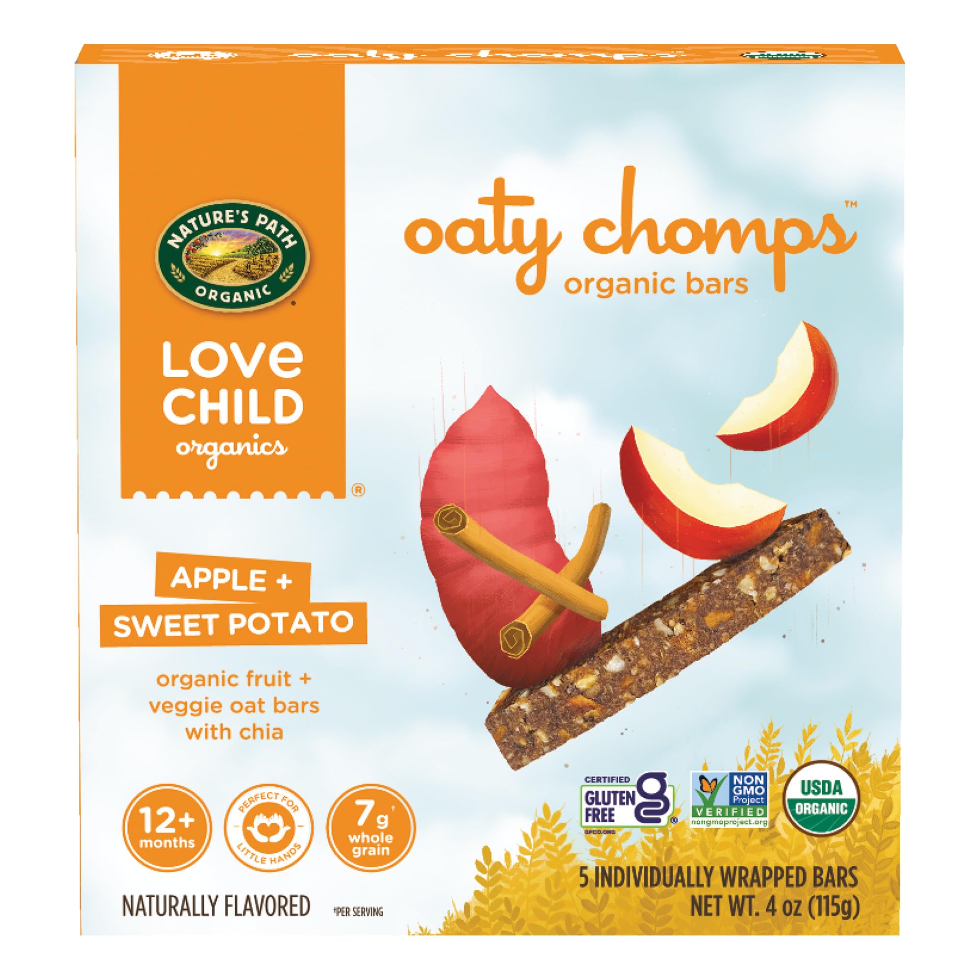 Love Child Organics Oaty Chomps Apple + Sweet Potato Snack Bars, 4 oz (Pack of 8), Gluten Free, Non-GMO, by Nature’s Path