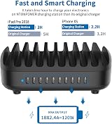 NTONPOWER 10-Port USB Charging Station 120W Multi Charger Dock Black view 3