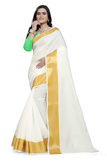 Kerala Kasavu with blouse piece Saree (NK274snchpgrn_ white_ Free Size)
