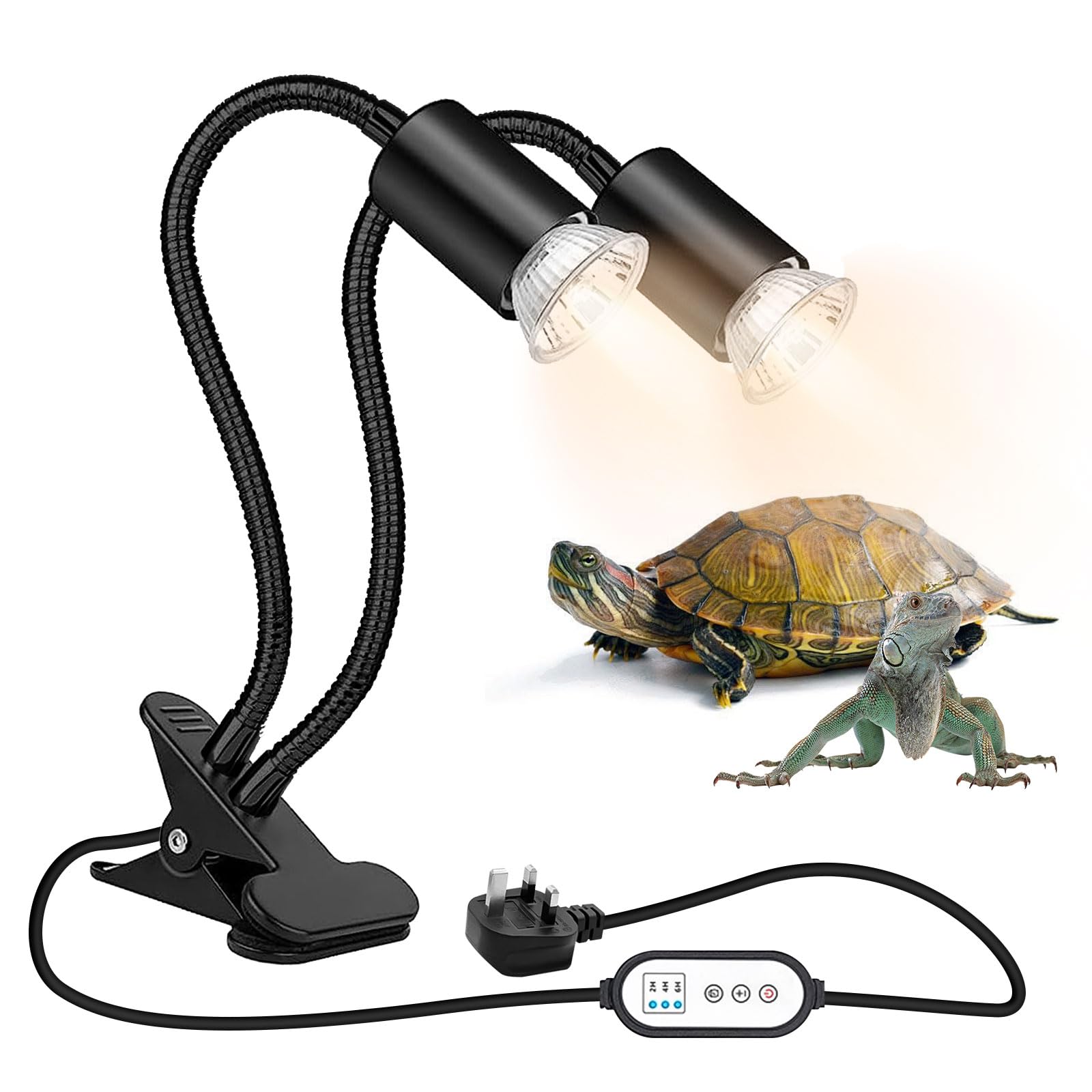 Tortoise Heat Lamp, Double Head UVA UVB Reptile Light with Clamp Stand Dimmable Reptile Heat Lamp with Timer Switch 360° Rotation for Aquarium Tanks