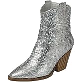Forever Women's Rhinestone Block Heel Ankle Boots River-01 Silver 7