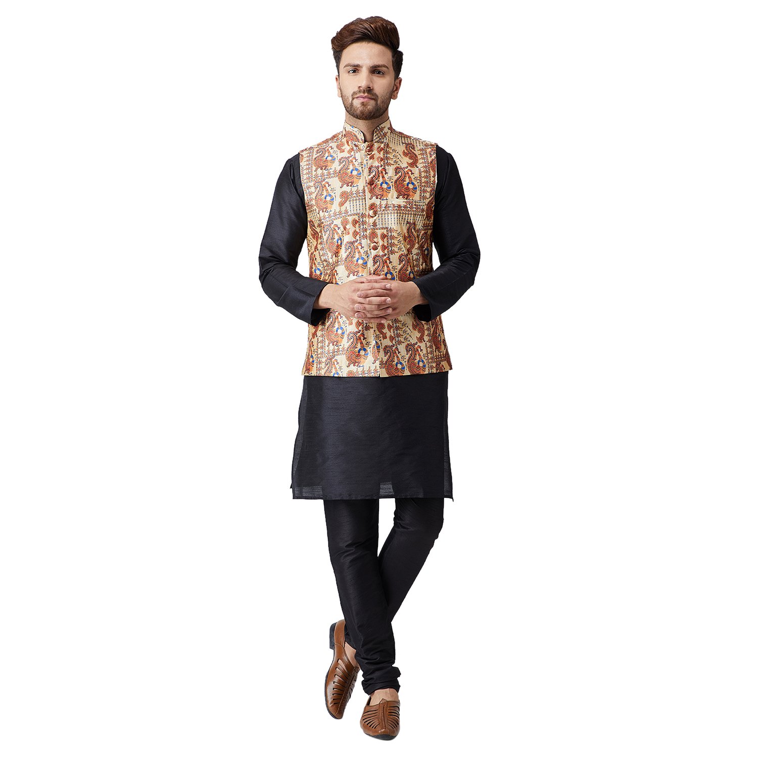 Photo 1 of Sojanya (Since 1958 Men'S Silk Black Kurta Pyjama & Gold Printed Nehru Jacket Set, Size 42