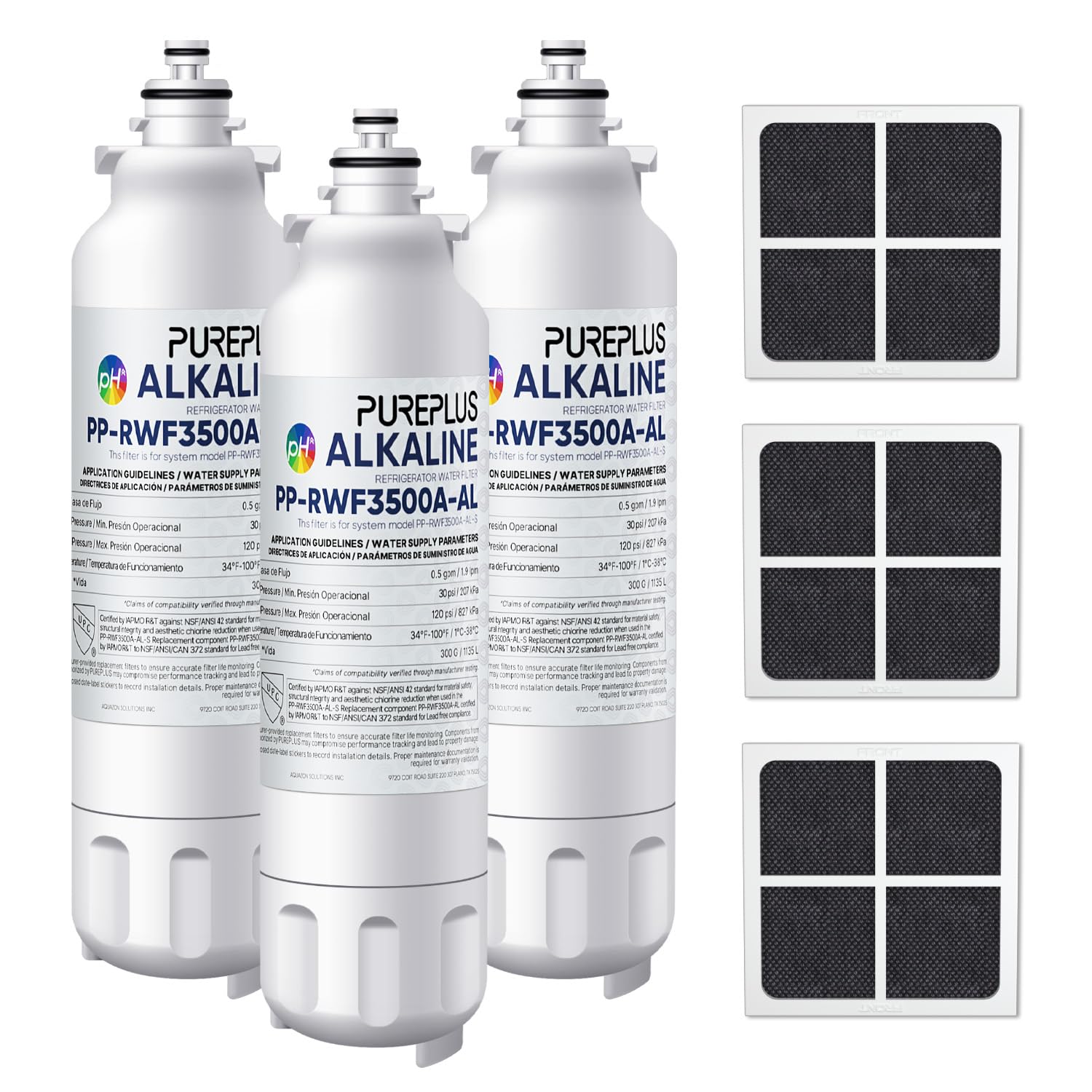 PUREPLUS Alkaline Replacement for ADQ73613401, LG® LT800P®, LT800PC, ADQ736134, ADQ73613402, LSXS26326S, LSXS26366S, LSXS26366D, 46-9490, Refrigerator Water Filter and LT120F® Air Filter, 3Pack Image