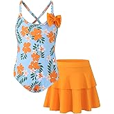 Saeaby Girl One Piece Swimsuit Bathing Suits for Girls with Ruffle Skirt Crisscross Hawaii Swimwear 3-8 Years Old