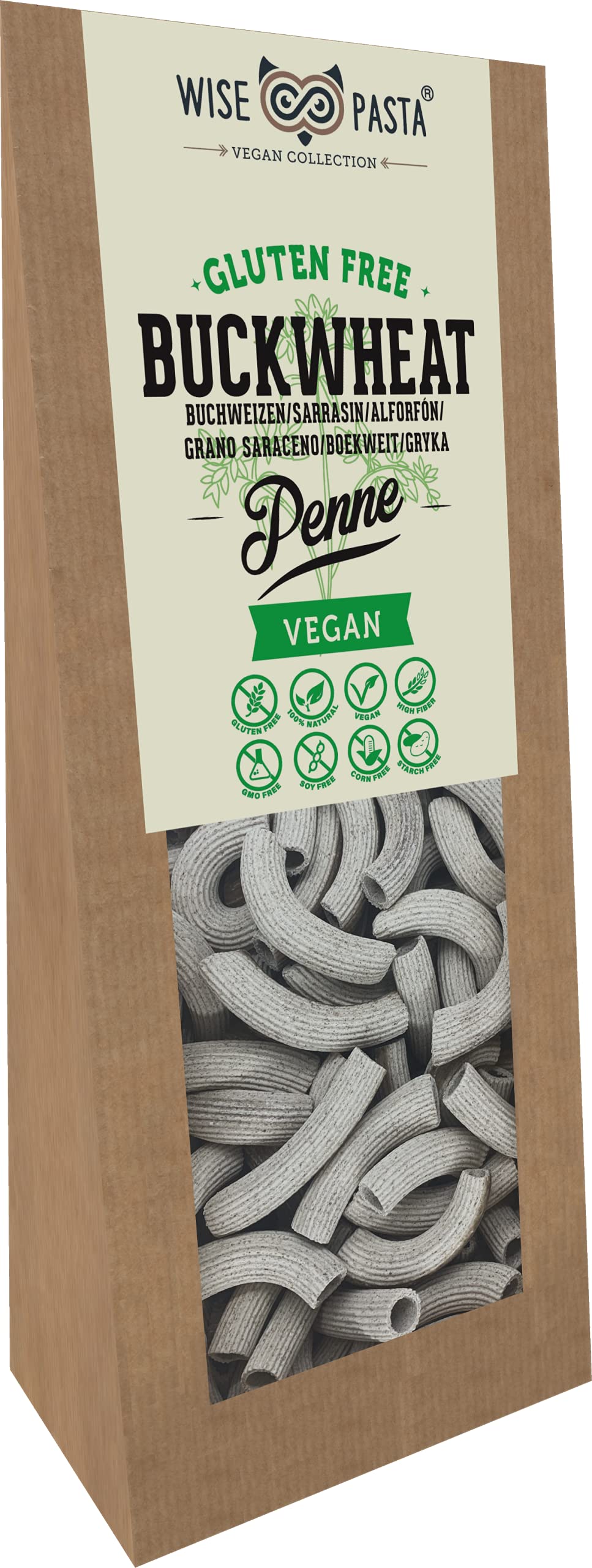 Wise Pasta Vegan Collection Gluten-Free Natural Buckwheat Penne Pasta 200g Pack of 4
