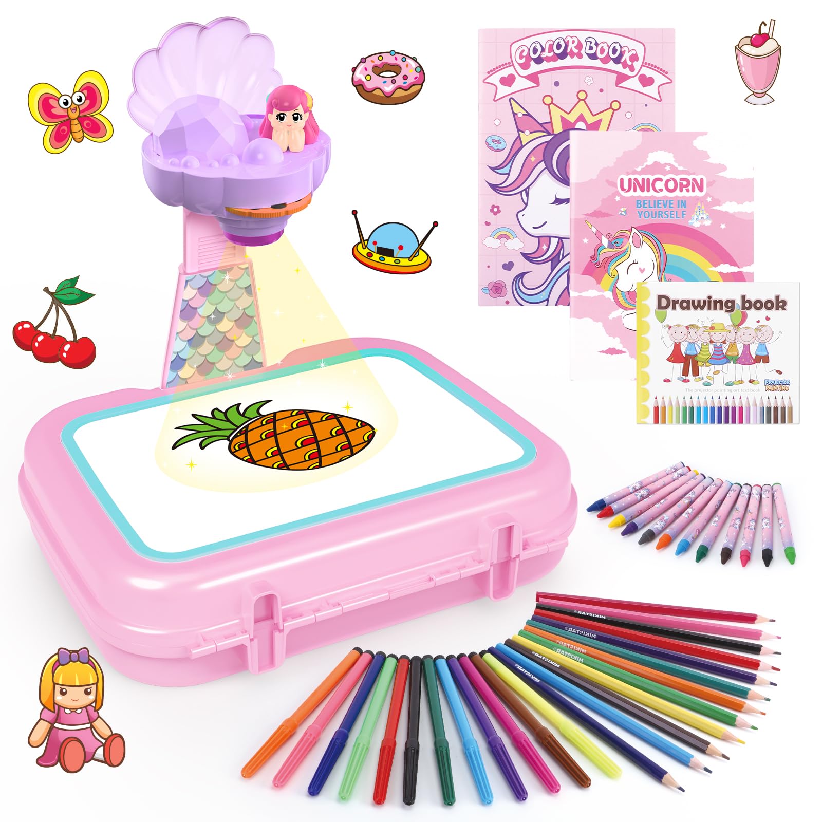 Girls Drawing Projector for Kids Ages 3-5 Arts and Crafts Kit with 72 Projection Images Drawing Board Coloring Book Crayons Creative Gift for Girls(Mermaid Kit with Box)