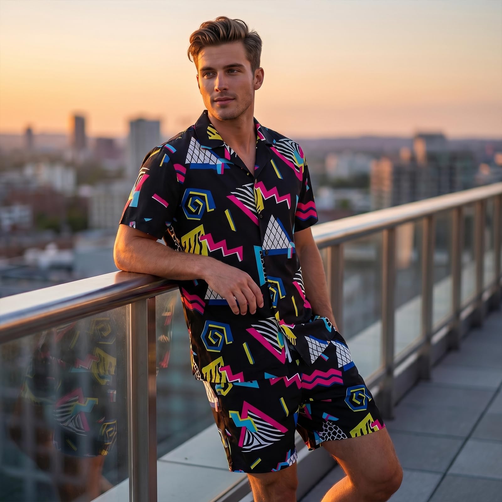 LYBOHO 80er 90er Jahre Outfit Herren,80er 90er Jahre Kostüm-Kurzarmjacke & Shorts-Set – für Halloween Karneval & Retro-Partys (Schwarz-Knopf, L) 6