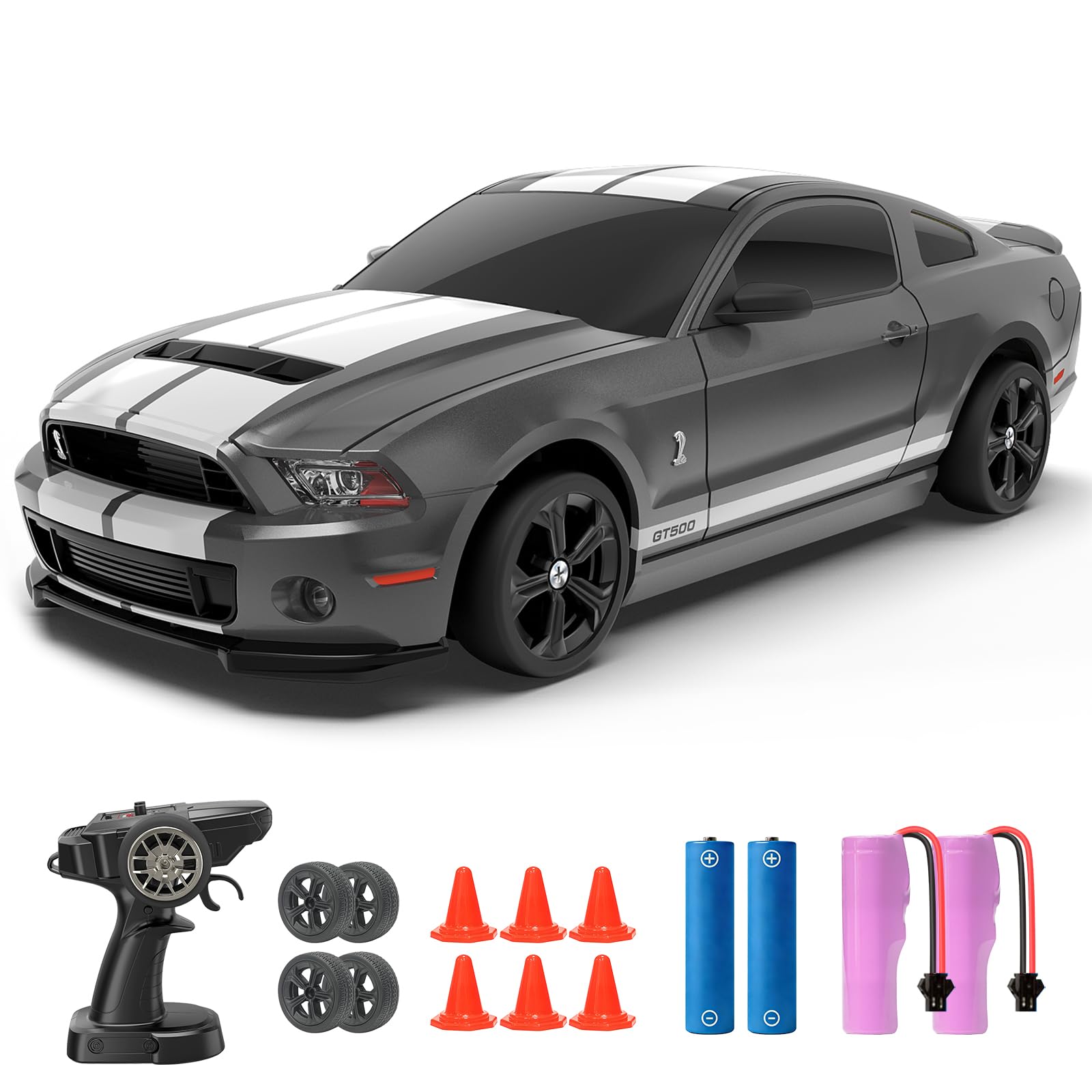 YONCHER RC Drift Car, Remote Control Car for Kids Ford Mustang Shelby GT500 Officially Licensed, 1:24 20KM/H 4WD RC Cars with Lights, Fast Racing Toy Car for Boys Girls, Gray — image 1