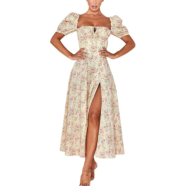 Women Boho Cottagecore Dress Puff Sleeve Vintage Dress