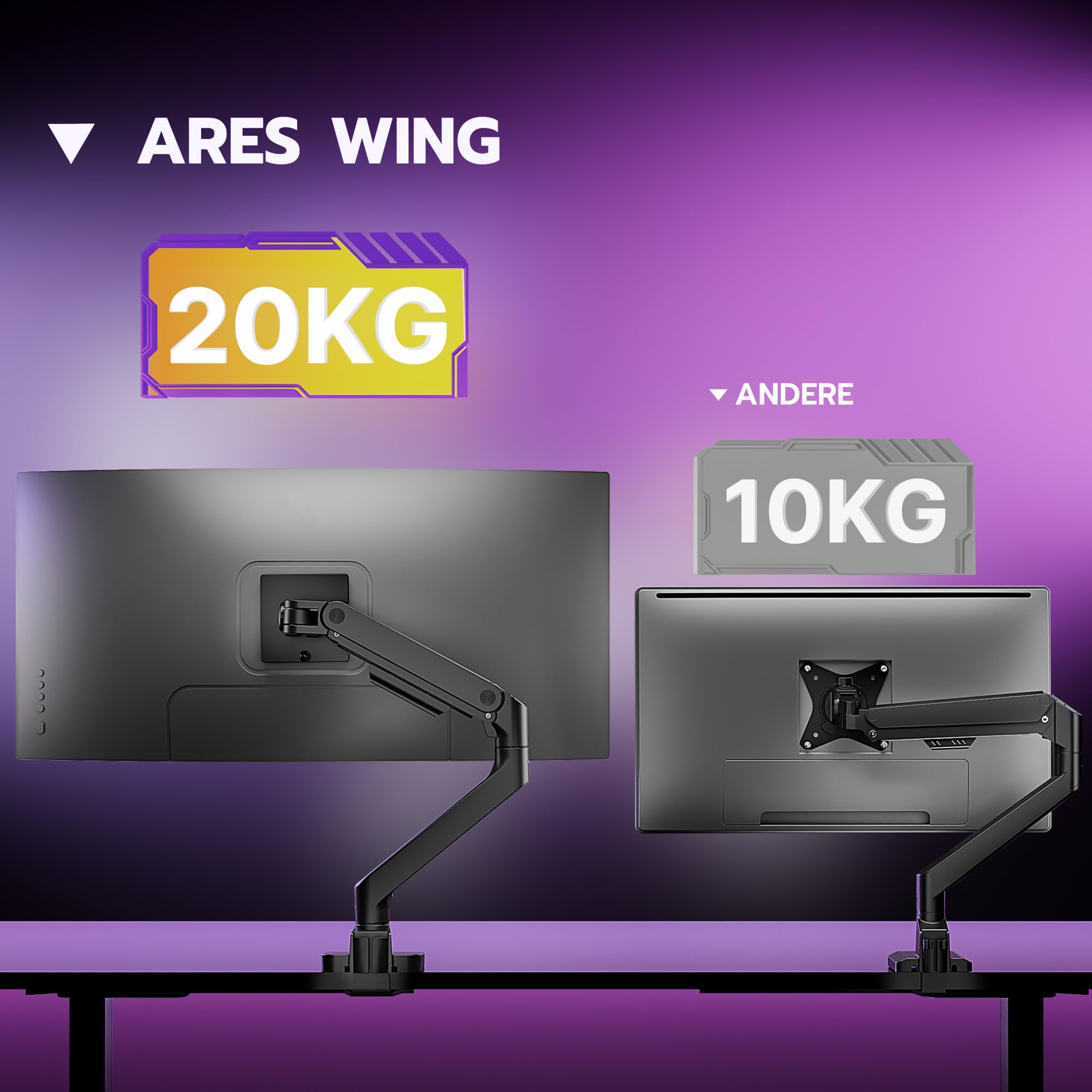 ARES WING Monitor Halterung für 17 bis 49 Zoll Bildschirme, Monitor Arm mit Gasfeder, Verstellbarer Monitorständer für 20Kg Computer Bildschirme, Monitorhalterung VESA 75/100 mm,Schwarz 8