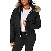 Zoziiee Womens Faux Fur Trim Hooded Jacket Winter Warm Quilted Puffer Bomber Padded Coat Utility Zipper Cropped Outwear