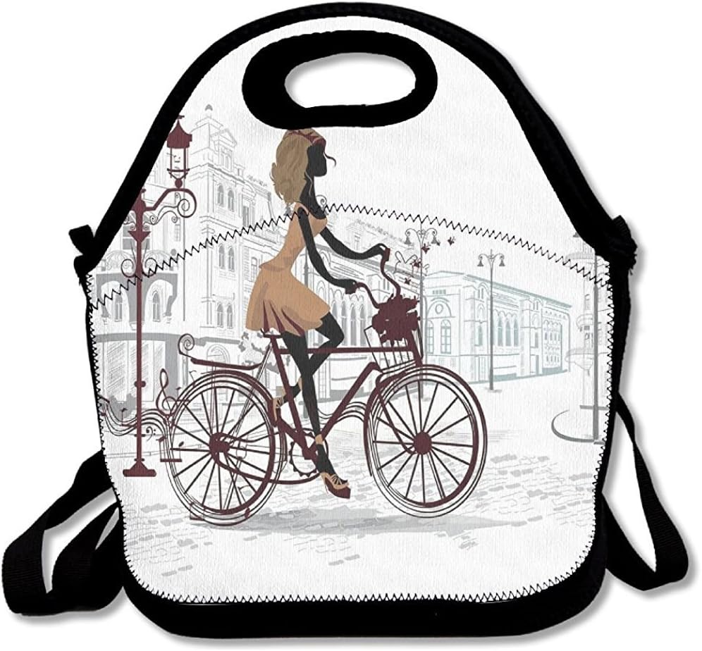 Staropor Young Girl in Paris Streets Bike French Display Lunch Bag Tote School Work Outdoor