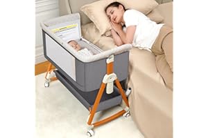 Kiniew 3 in 1 Bassinet Bedside Sleeper, Bedside Crib with Wheels, Mosquito Net, Mattress, 6 Height Adjustable Baby Bed for Infant Newborn (Grey)