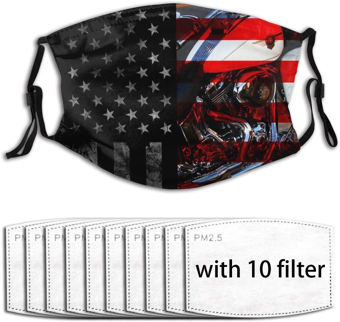 Comfy Mouth Cover with Replaceable 10 Filters Activated Carbon Guard for Outdoor Travel, Washable Skin-Friendly Adjustable Dust Cover, Vintage Black American Flag Harley Davidson Motorcycles USA Flag: Sports & Outdoors