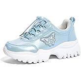 LUCKY STEP Kids Chunky Sneakers Fashion Platform Walking Tennis Shoe Sparkly Butterfly Faux Leather Elastic No-tie Laces School Shoes for Girls Boys