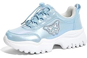 LUCKY STEP Kids Chunky Sneakers Fashion Platform Walking Tennis Shoe Sparkly Butterfly Faux Leather Elastic No-tie Laces School Shoes for Girls Boys