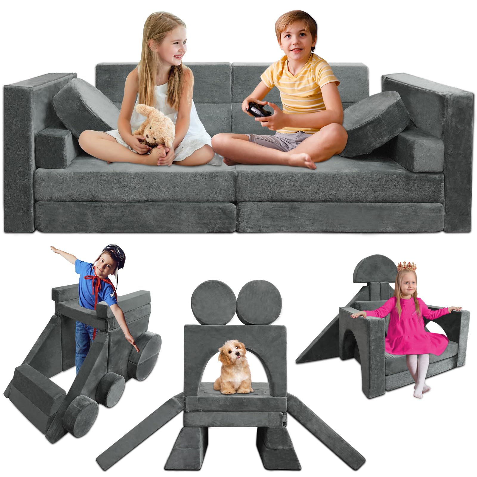 Photo 1 of Kayfia 18PCS Modular Kids Play Couch, Kids Couch Building Fort for Playroom and Bedroom Furniture for Toddlers, Unlimited Creativity Kids Sofa Convertible Play Fort (Grey)